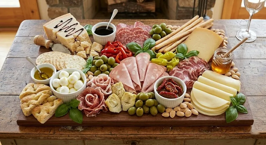Italian antipasto board with prosciutto, salami, Parmigiano, olives and grissini