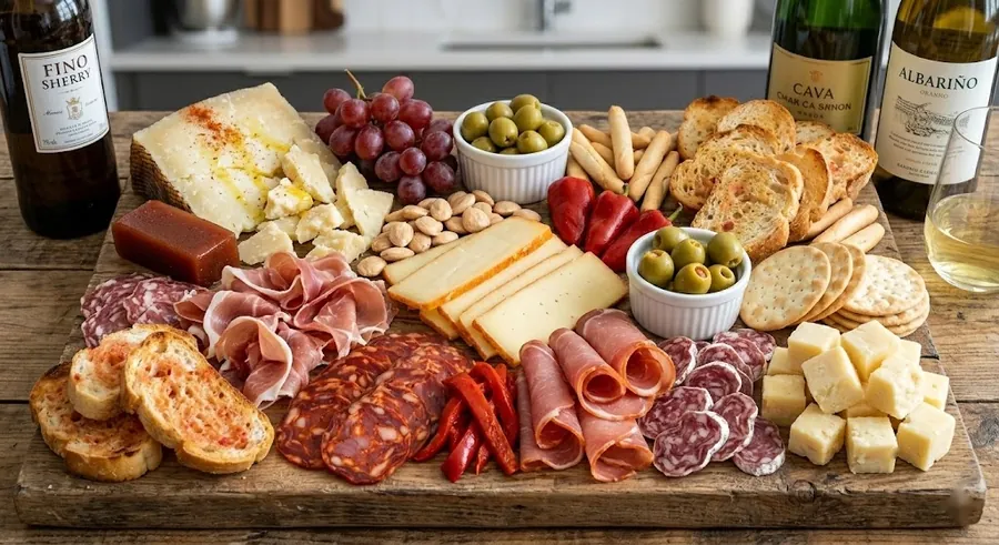 Spanish tapas board with Manchego, jamón serrano, Marcona almonds and membrillo