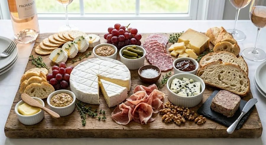 French brasserie board with brie, saucisson sec, pâté, Dijon mustard and cornichons