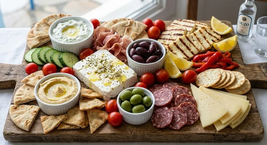 Greek Mediterranean board with feta, kalamata olives, dolmades and tzatziki