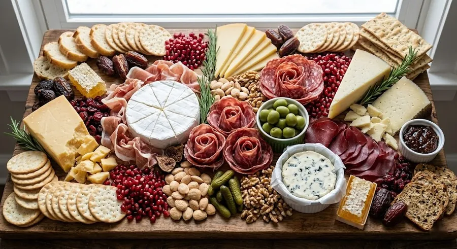 Holiday entertaining board with five cheeses, honeycomb and red and green fruit