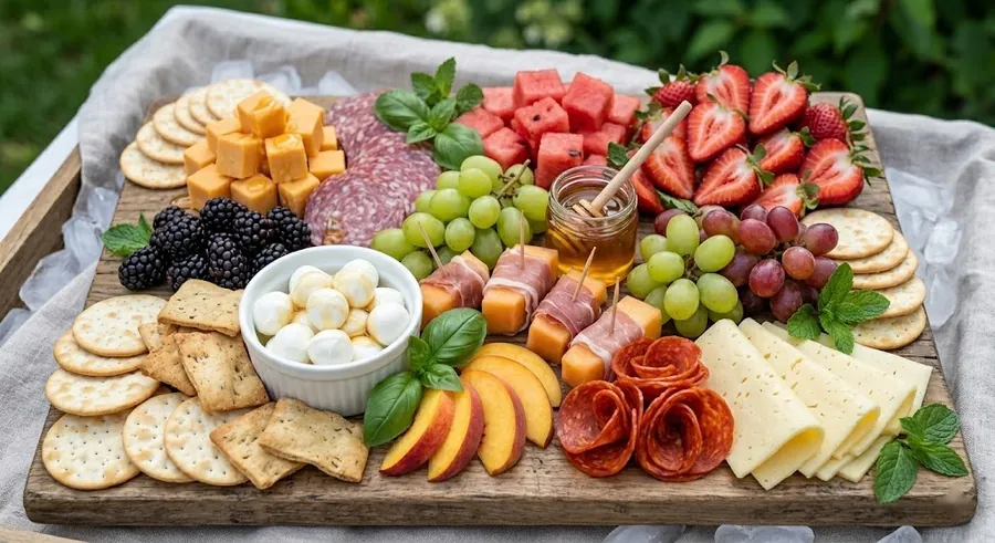 Summer backyard board with fresh mozzarella, watermelon and stone fruit