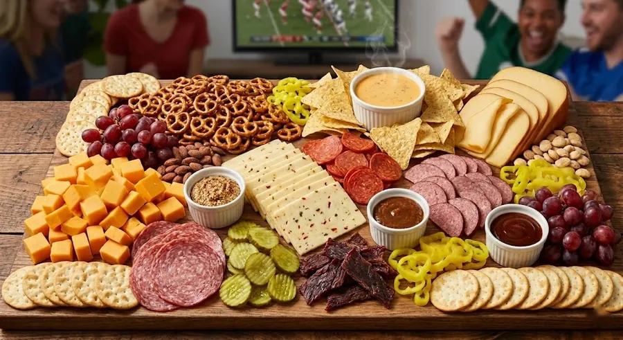 Game day board with bold cheeses, three dips and one-bite portions