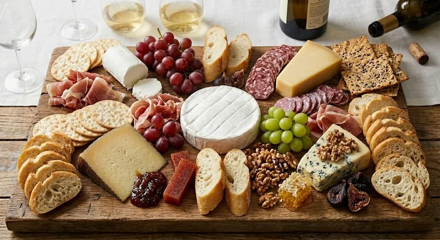 Wine and cheese pairing board with five wine-matched cheeses