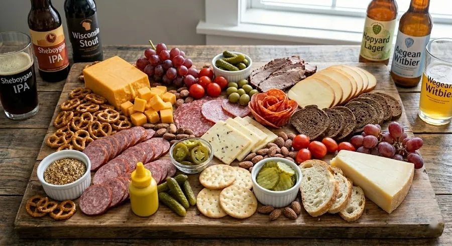 Beer and charcuterie board with smoked meats, aged cheddar and pretzels