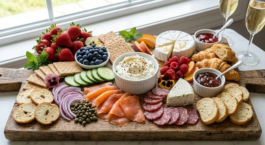 Brunch board with smoked salmon, cream cheese, croissants and fruit