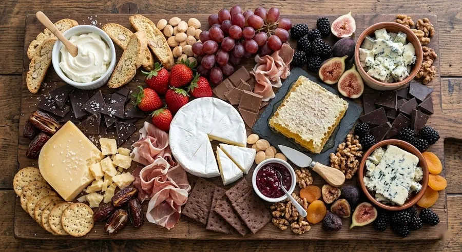 Sweet and savoury dessert board with aged Gouda, honeycomb and dark chocolate