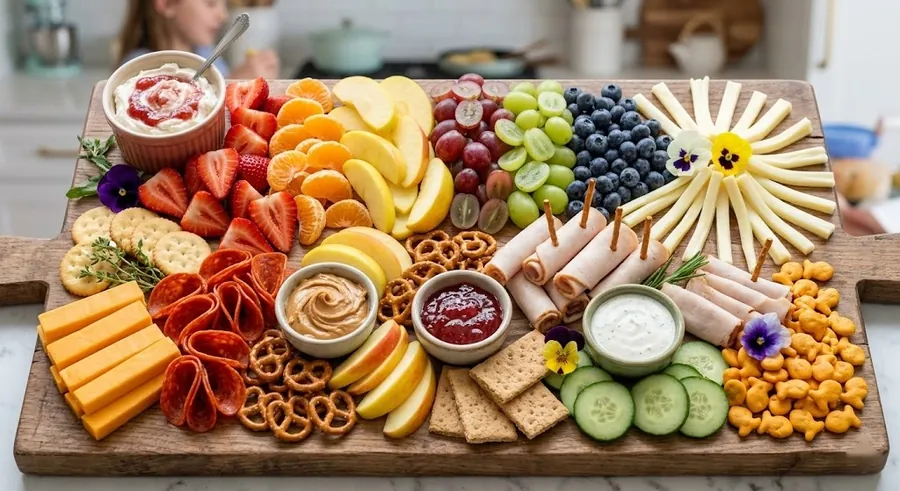 Kid-friendly board with mild cheeses, cut shapes and bright colours