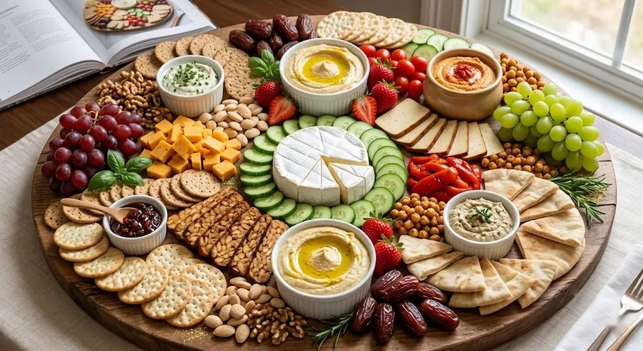 Vegan board with cashew cheese, tempeh, marinated vegetables and nuts