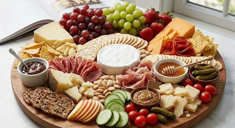Gluten-free board with aged cheeses, seed crackers and fresh fruit