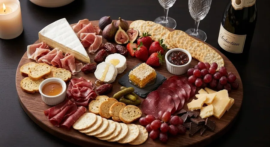 Date night board for two with brie, prosciutto, figs and chocolate