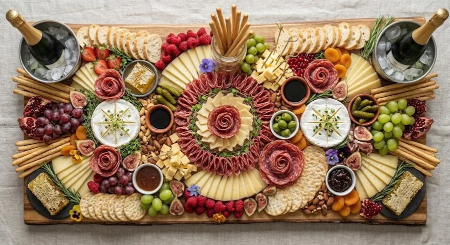 Wedding grazing board with salami roses, abundant cheese and photo-ready styling