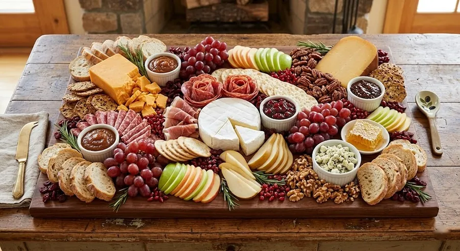 Thanksgiving board with aged Gouda, apple butter and autumn fruit