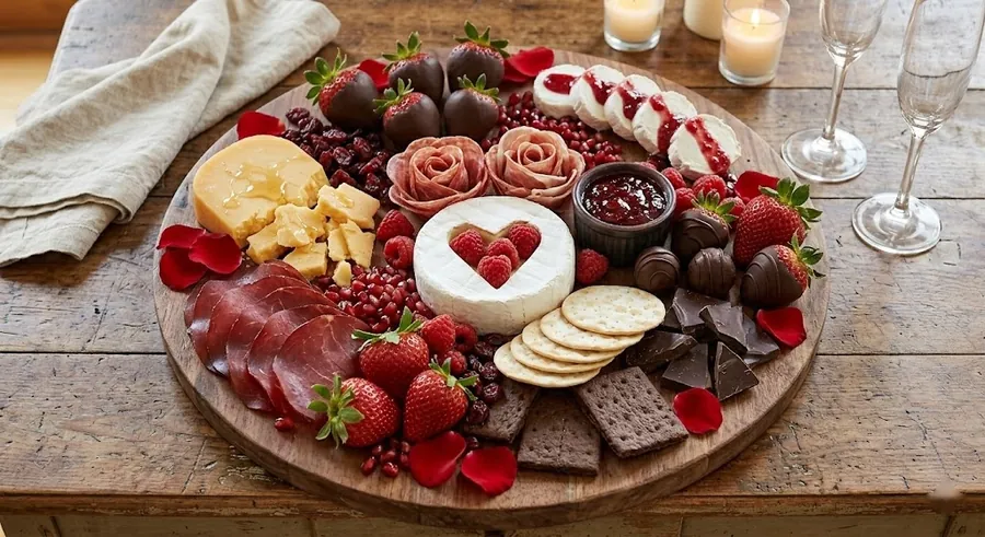 Valentine's Day board with a heart carved into brie, berries and dark chocolate