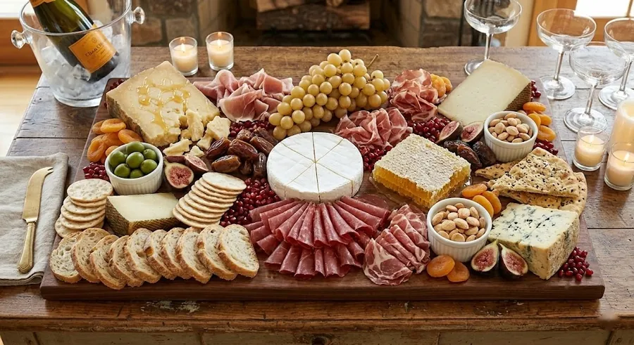 New Year's Eve board with Gruyère, truffle honey and Champagne