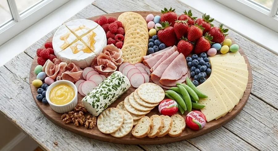 Easter spring board with brie, prosciutto, radishes and a pastel palette