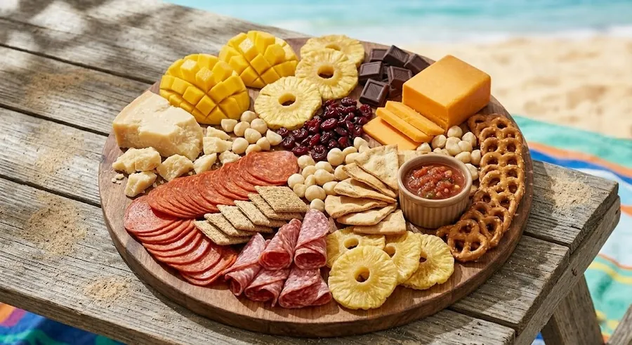 Beach picnic board with hard aged cheeses, dry salami and tropical fruit