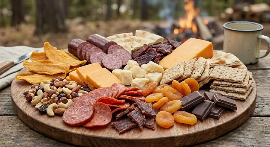 Camping board with vacuum-packed cheddar, jerky and summer sausage