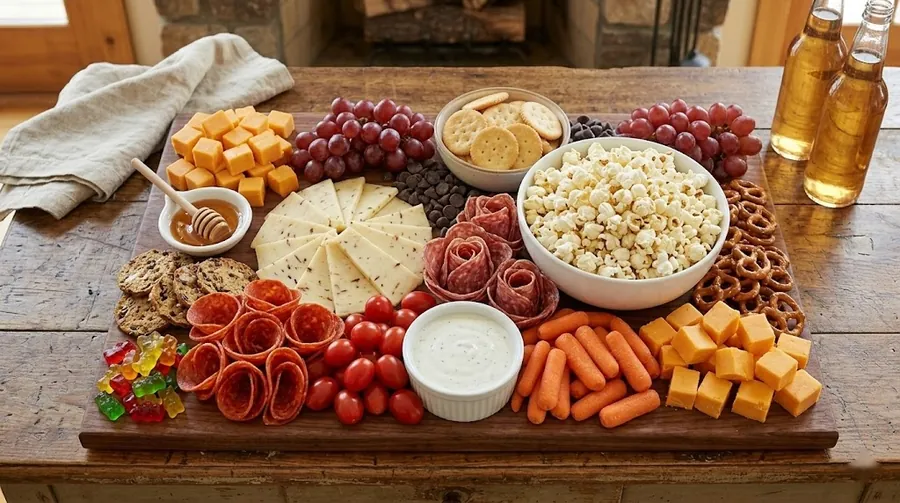 Movie night board with cubed cheese, folded salami cups and popcorn