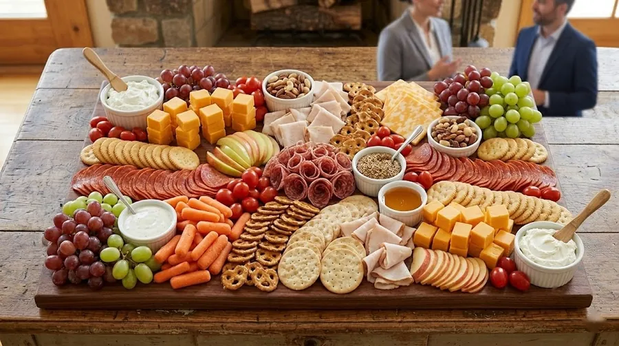 Office party board with familiar cheeses, clear labels and allergy-aware layout