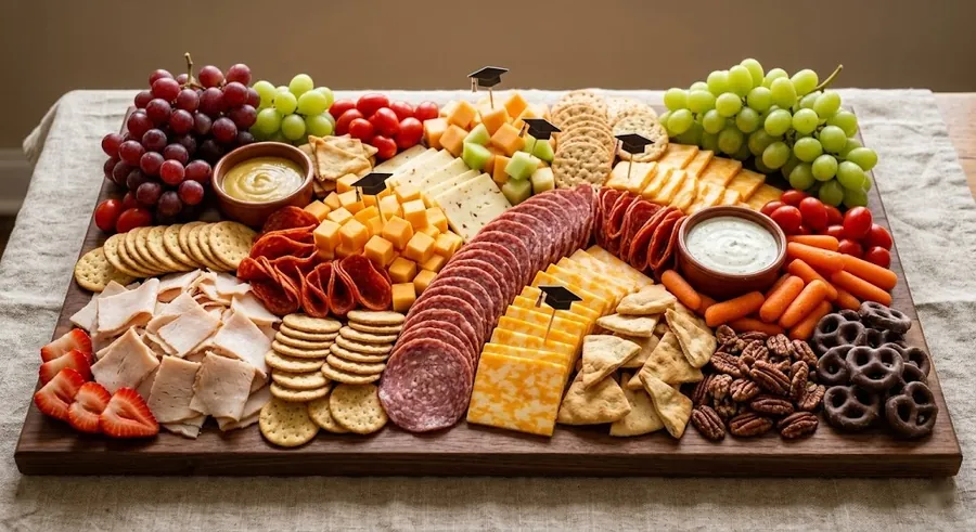 Graduation board in school colours with abundant meats and cheeses