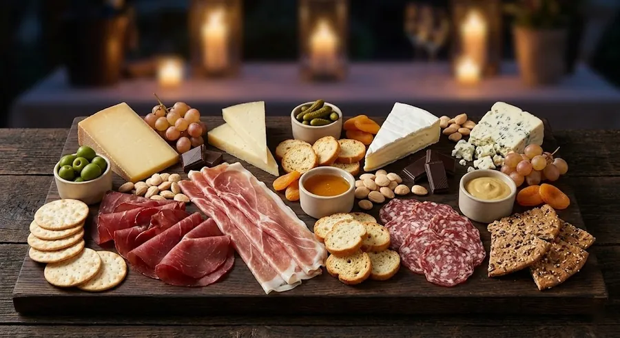 Cocktail party board with cubed Gruyère, bresaola and one-handed bites