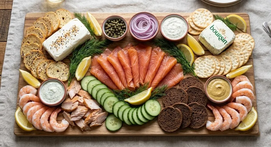 Seafood board with smoked salmon, smoked trout and cream cheese