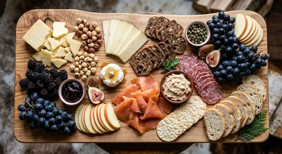 Pacific Northwest board with wild salmon, hazelnuts and Beecher's Flagship
