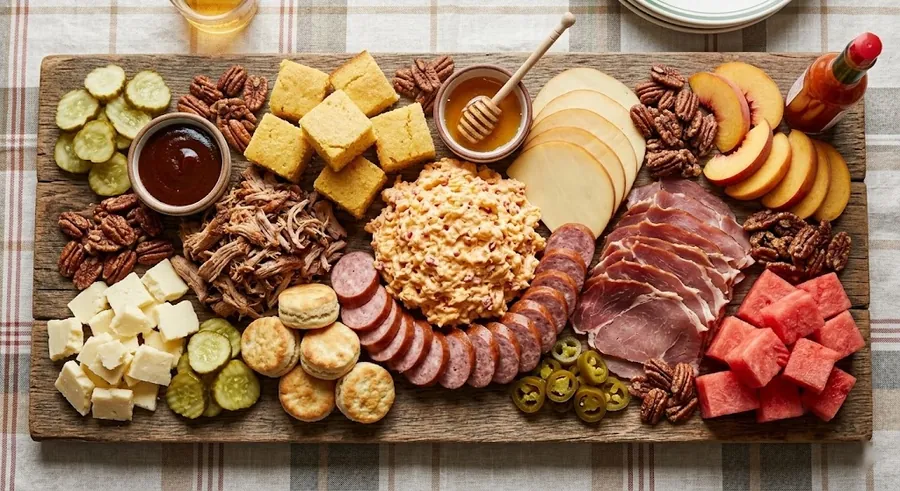 Southern BBQ board with pimento cheese, pulled pork and pickles