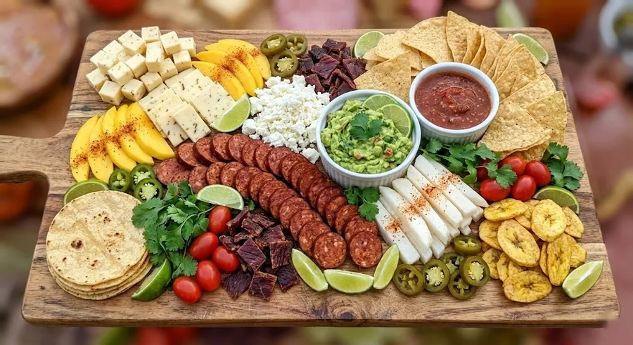 Tex-Mex board with pepper jack, chorizo, lime and bright chiles