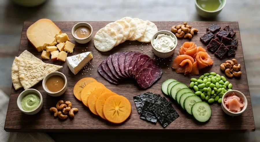 Japanese-inspired board with nori, edamame, wasabi, persimmon and cured beef