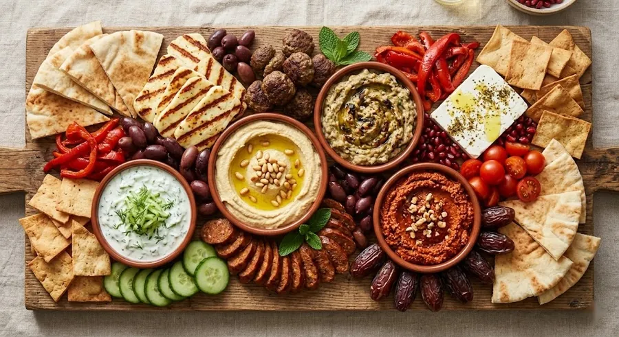 Mezze board with hummus, baba ganoush, muhammara, halloumi and za'atar