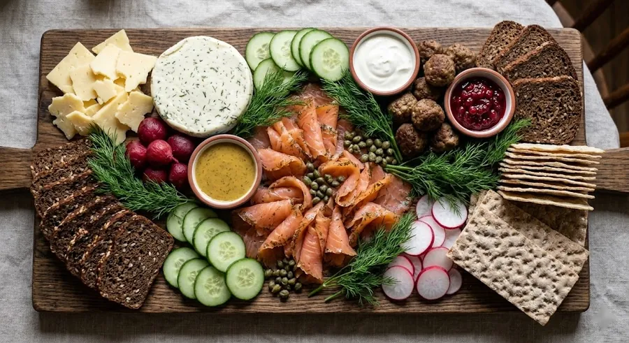 Nordic board with gravlax, dill, rye bread and pickled vegetables