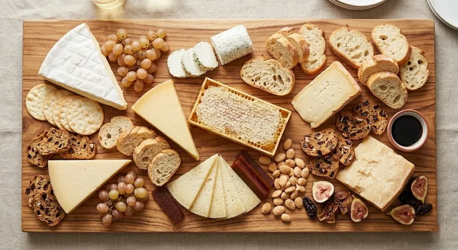 All-cheese board with six varieties arranged as a tasting flight