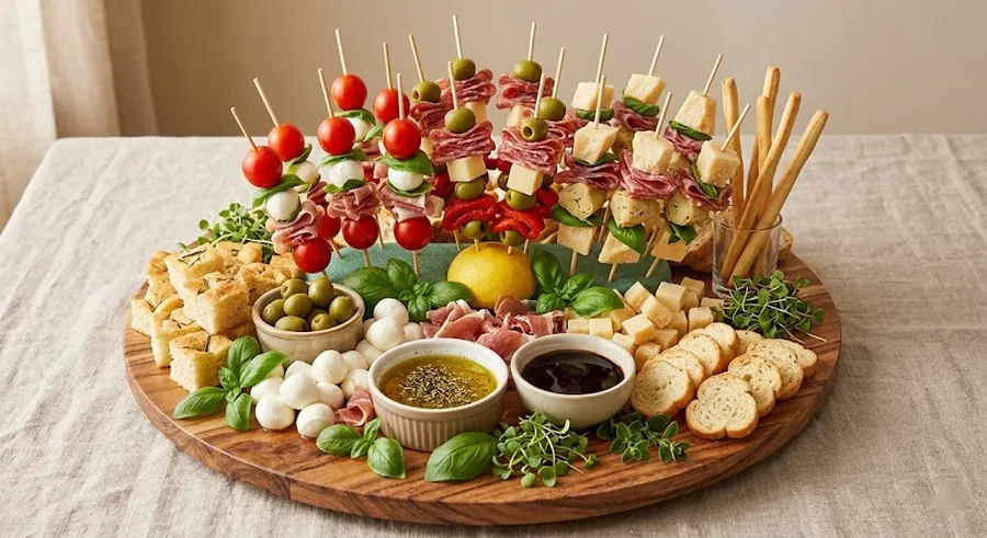Antipasto skewer board with four-element skewers standing vertically