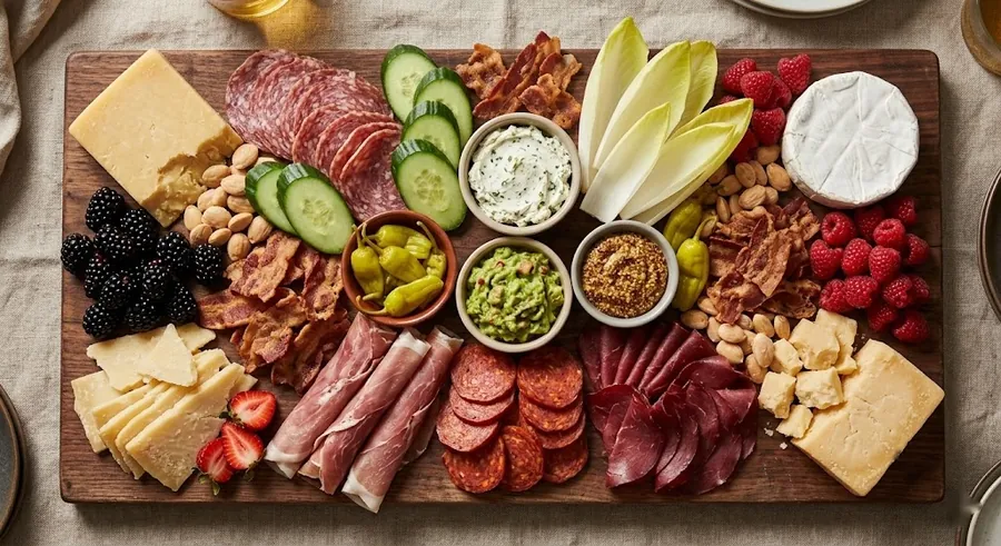 Keto board with four cheeses, cured meats and no crackers