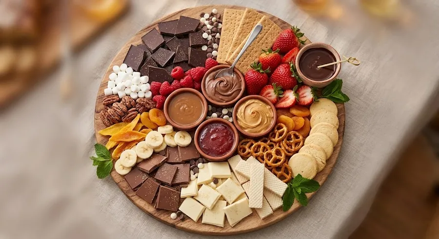 Dessert charcuterie board with chocolate, berries, cookies and Nutella