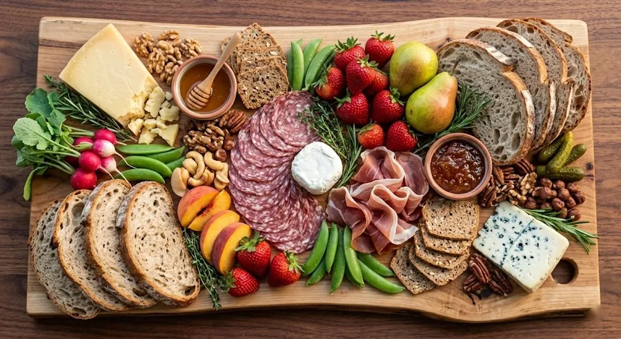 Farm to table board with local farmstead cheddar, seasonal produce and honey