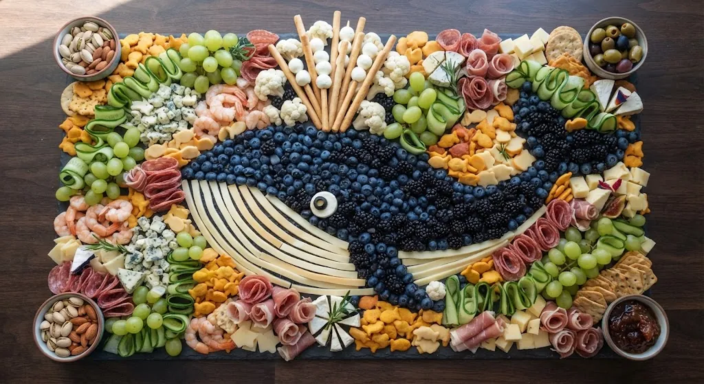 Blue Whale Charcuterie Board: the finished board