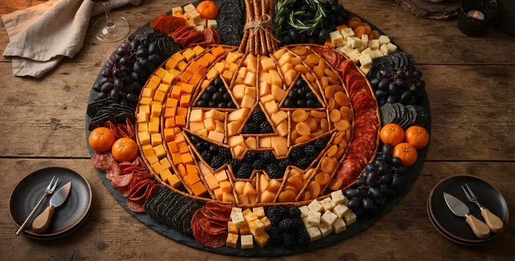 Giant Jack-o'-Lantern Charcuterie Board: the finished board