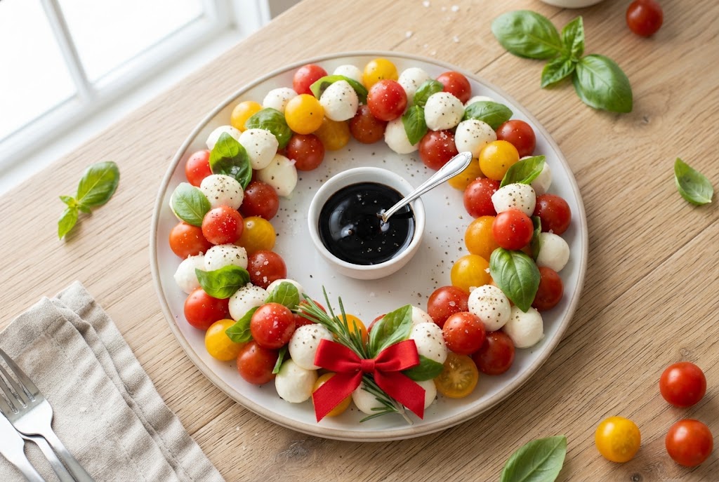 A caprese wreath of cherry tomatoes, mozzarella balls and basil leaves arranged in a ring around a small bowl of balsamic glaze