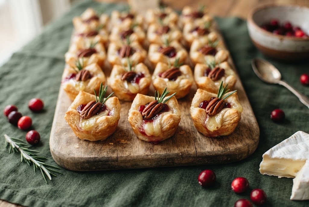 Golden cranberry brie bites in puff pastry cups, each topped with cranberry sauce and a pecan, on a wooden board with rosemary