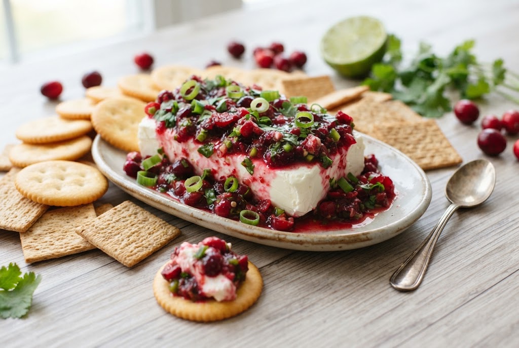Bright red cranberry salsa with jalapeño and cilantro spooned over a block of cream cheese, surrounded by crackers