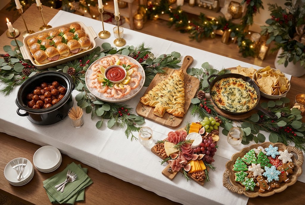 An overhead view of a Christmas cocktail party table with sliders, meatballs, a shrimp ring, a puff pastry tree, a dip and a Christmas tree charcuterie board