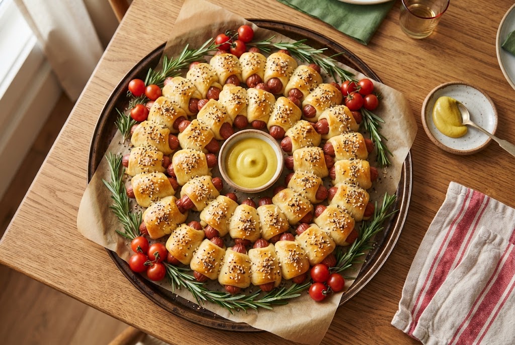A golden ring of pigs in a blanket arranged like a Christmas wreath, with a bowl of mustard in the center and rosemary sprigs and cherry tomatoes tucked in