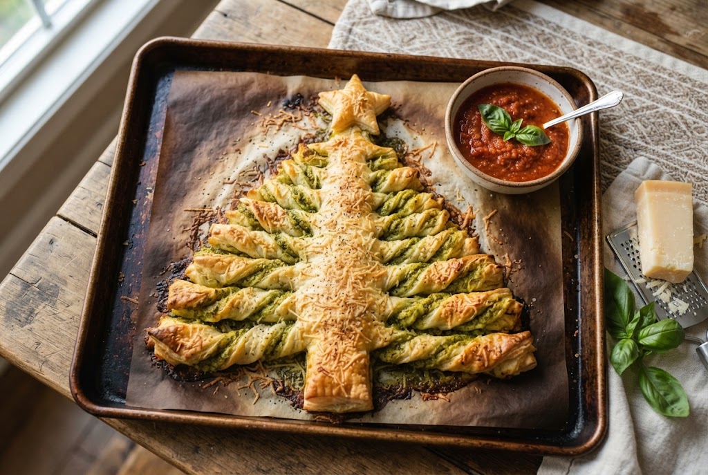 A golden puff pastry Christmas tree with twisted branches filled with pesto, dusted with Parmesan, on a dark baking sheet