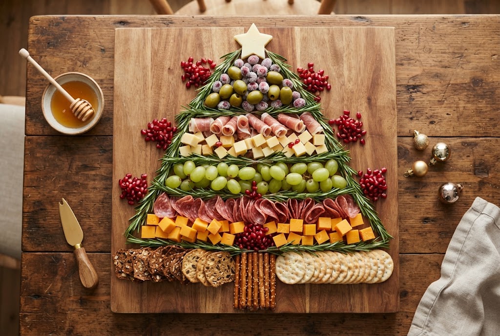 A charcuterie board arranged in the shape of a Christmas tree with rows of cheese cubes, folded salami, green grapes and rosemary, topped with a star cut from cheese