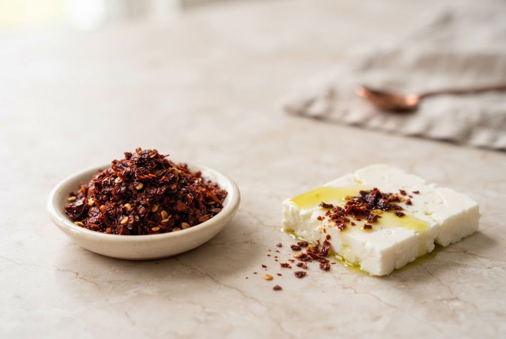Aleppo Pepper: coarse oily brick-red flakes with few seeds, on white feta, on pale marble