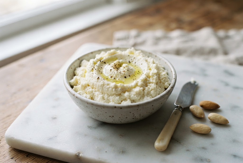 Almond Ricotta: white fine-curd spread, matte, almonds beside it, on a marble slab