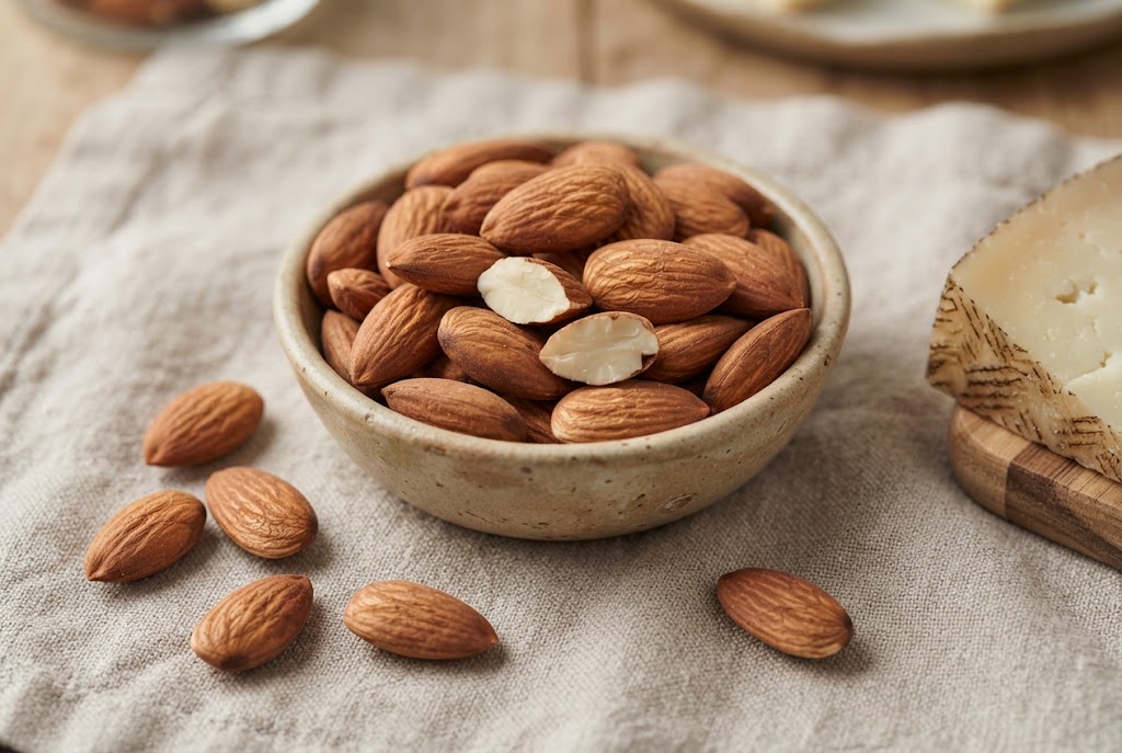 Almonds: brown-skinned teardrop almonds, halves showing ivory inside, on natural linen
